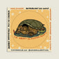 Vinyl sticker with a turtle design and text on a beige background